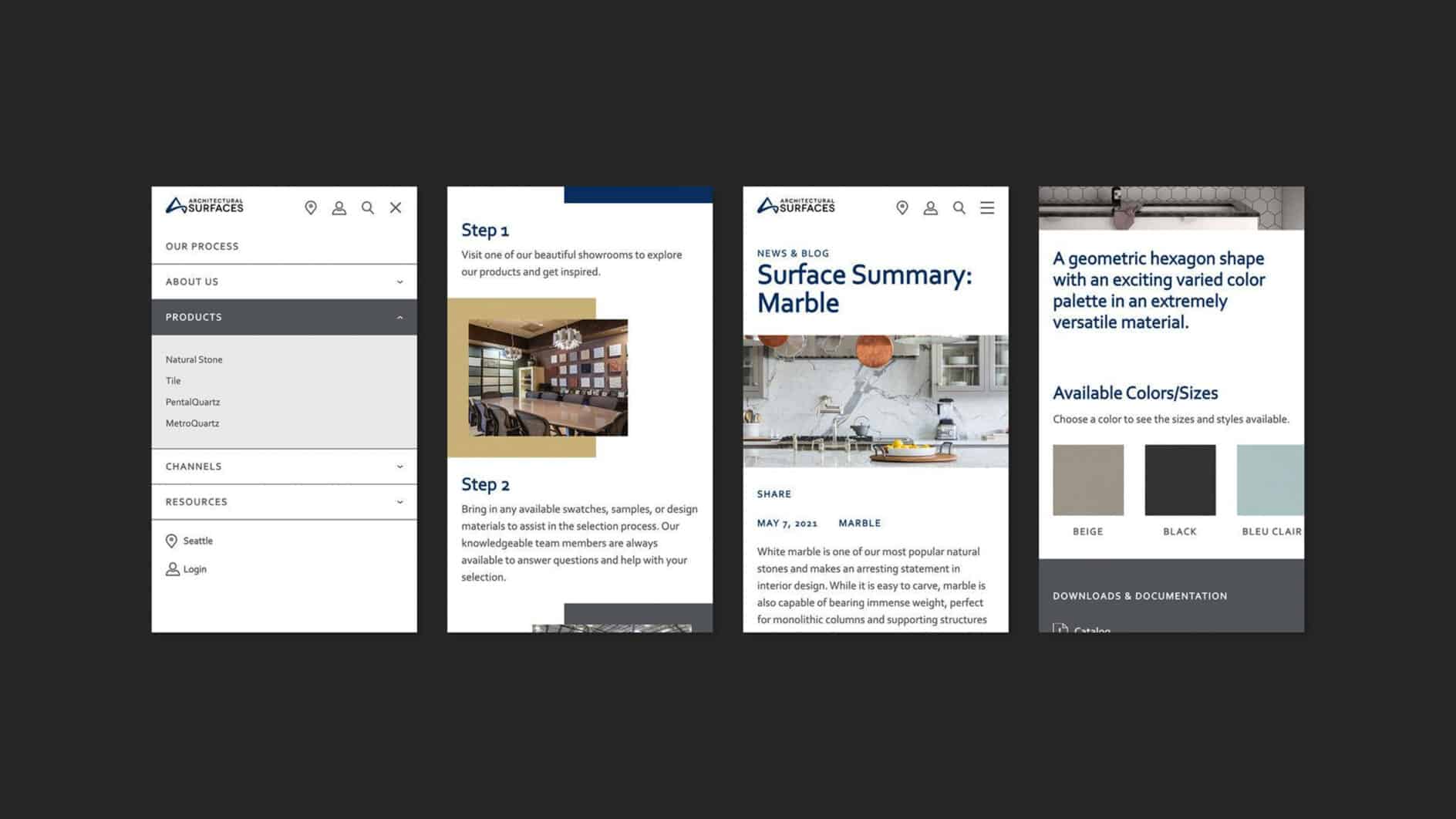 Four mobile app screenshots on a dark background display a navigation menu, showroom steps, a marble article, and color options for materials.