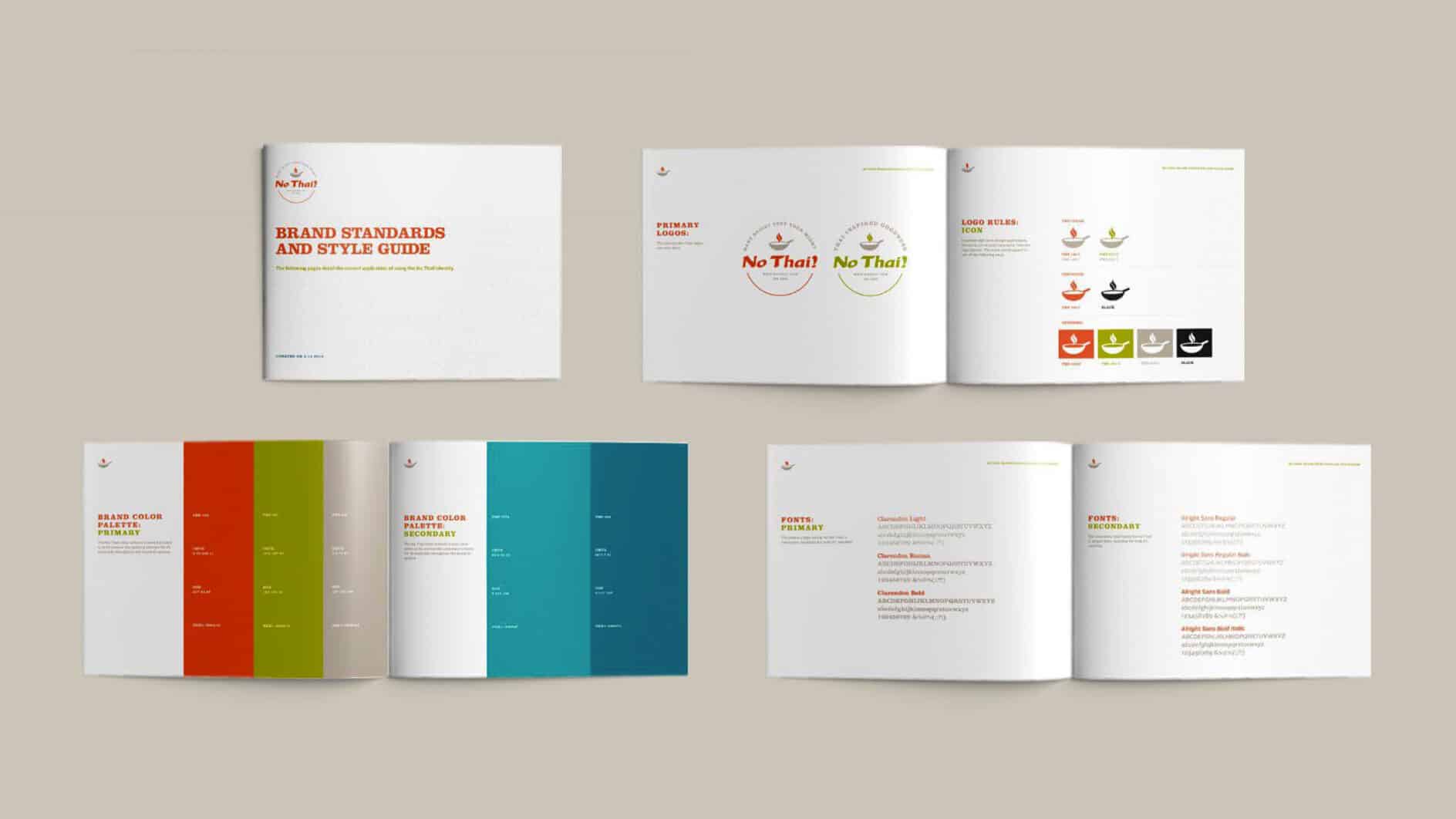 Open brand style guide with organized layout. Covers brand standards, colors, and typography. Light background, clean design, professional tone.