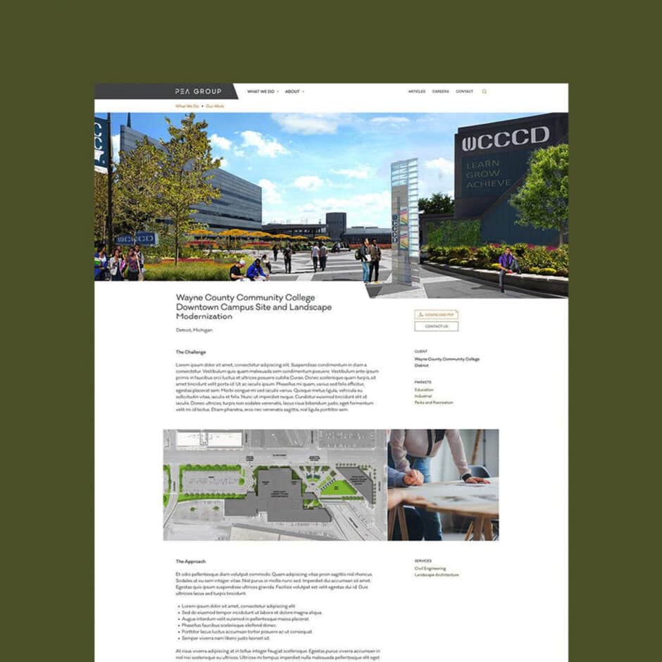 Website layout displaying an urban campus scene, plan, and text. People walk near Wayne County Community College's modernized landscape with trees and greenery.
