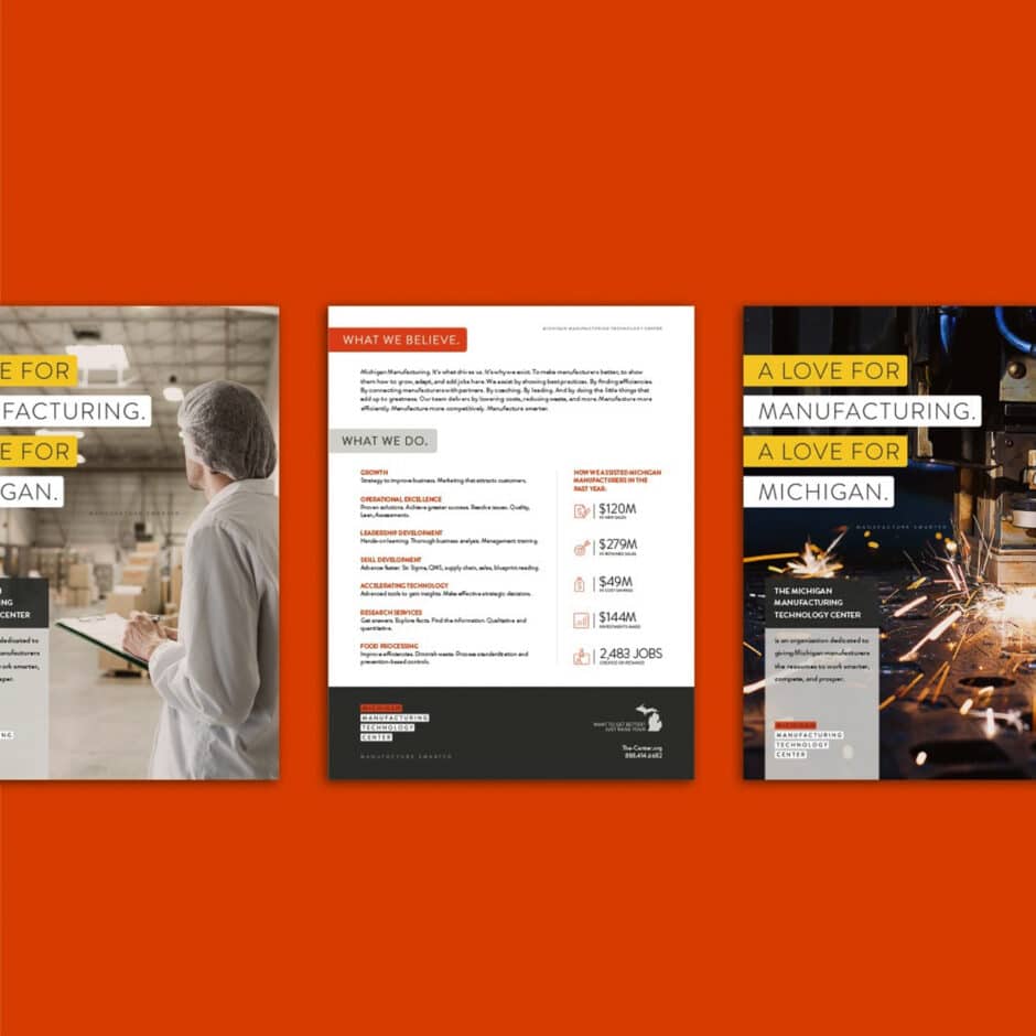 Three-page brochure on an orange background. Left page shows a person in a hairnet inspecting manufacturing, middle page lists services and impact, right page features sparks flying from machinery. Text emphasizes love for Michigan manufacturing.
