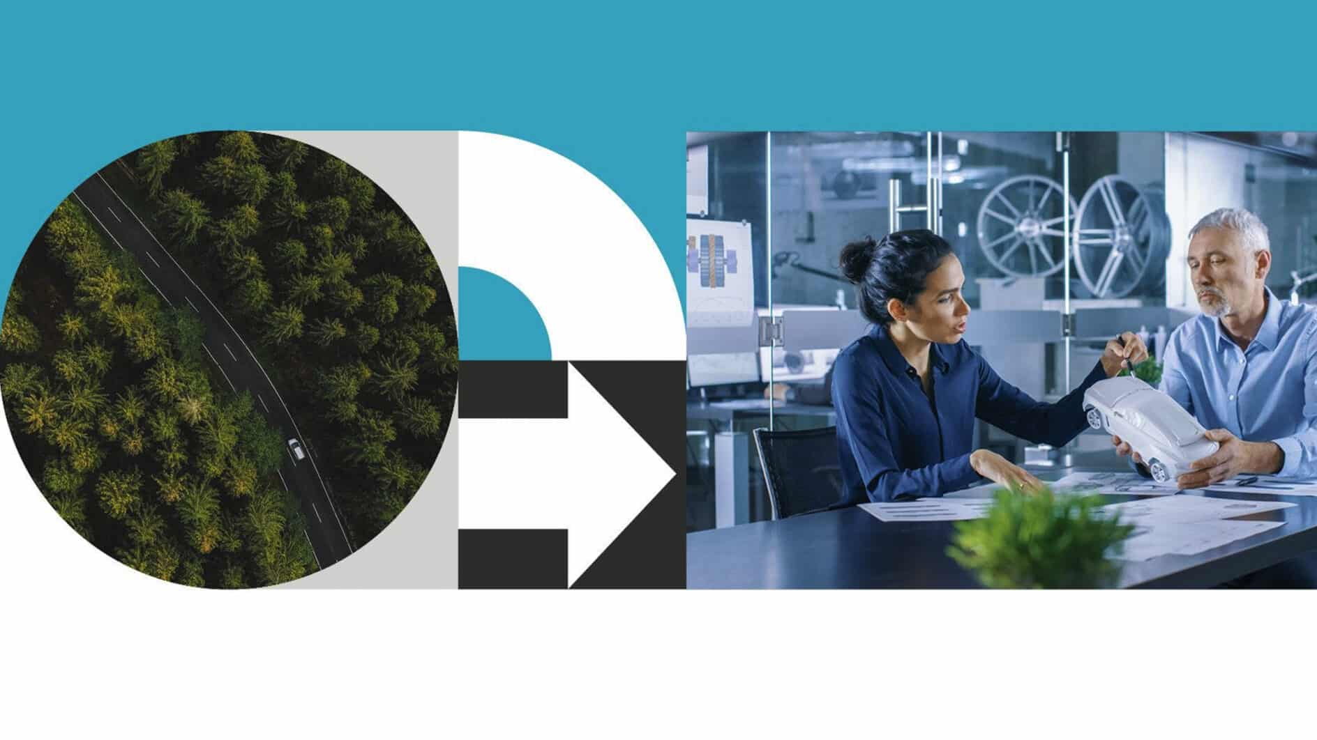 Aerial view of a car on a forest road next to a modern office scene with two people discussing a 3D model, conveying innovation and collaboration.