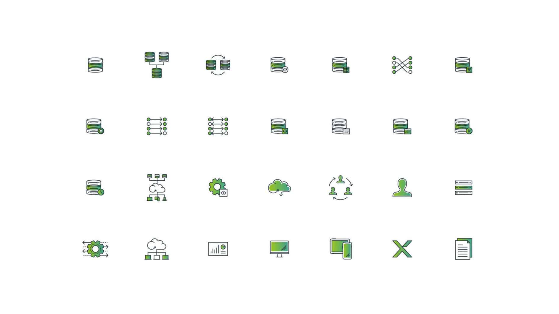 A grid of 30 small, minimalist icons related to data and technology, featuring databases, clouds, gears, and user symbols in green and gray tones.