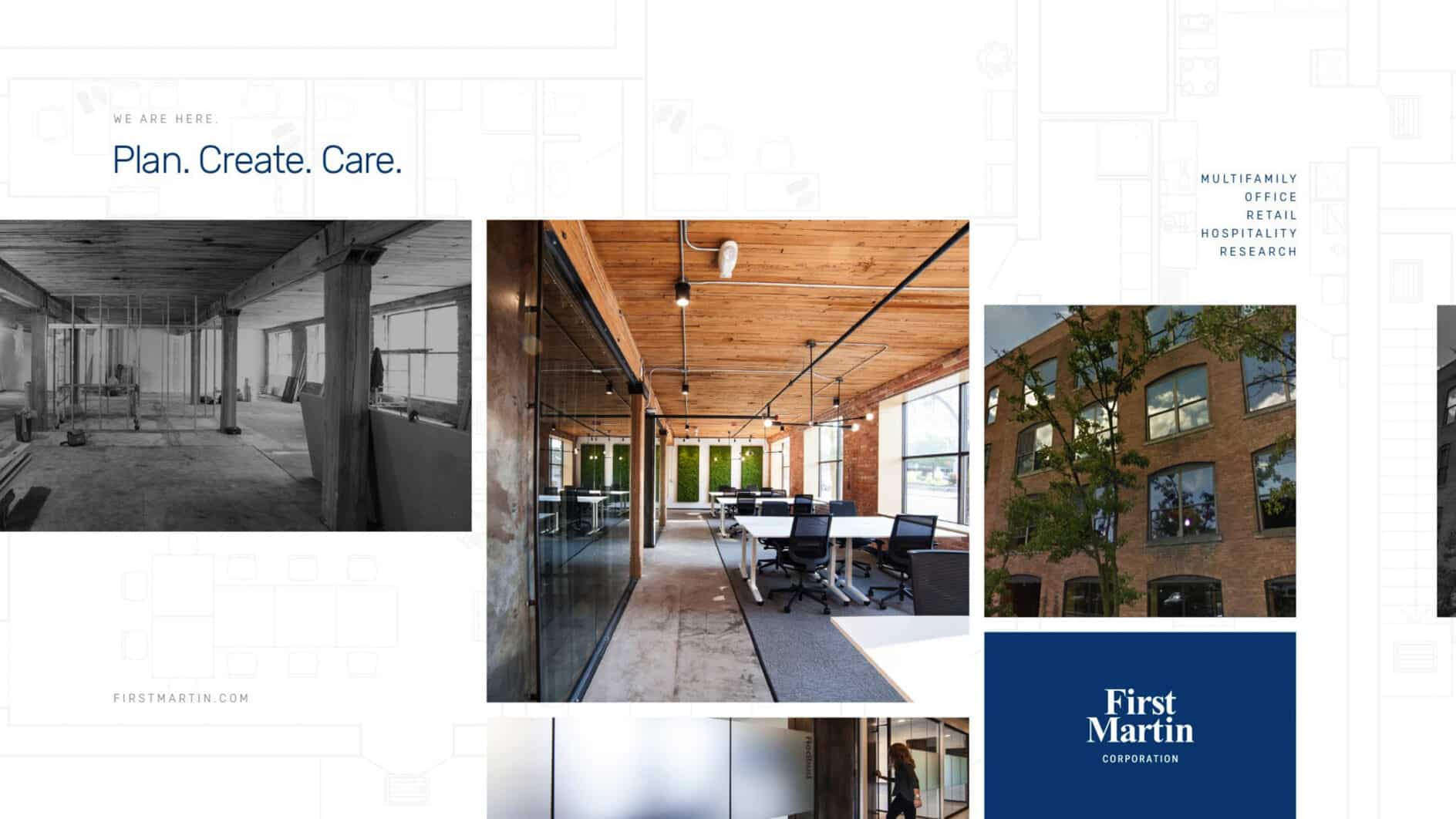 Collage of a construction site, a modern glass-walled conference room, and a brick office building with trees. Text reads 'Plan. Create. Care.' and 'First Martin Corporation.