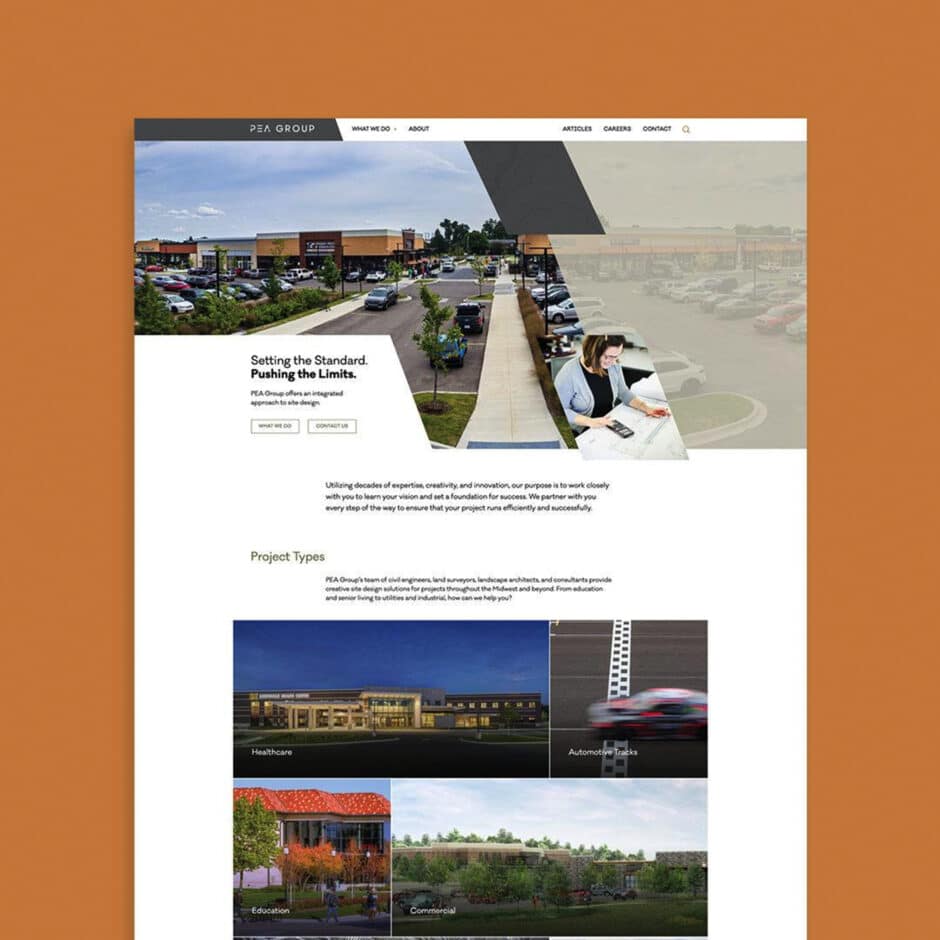 Website homepage with an aerial view of a shopping center, text reading "Setting the Standard. Pushing the Limits." Includes sections for project types like Healthcare, Automotive, Education, and Commercial. Tone is professional and modern.
