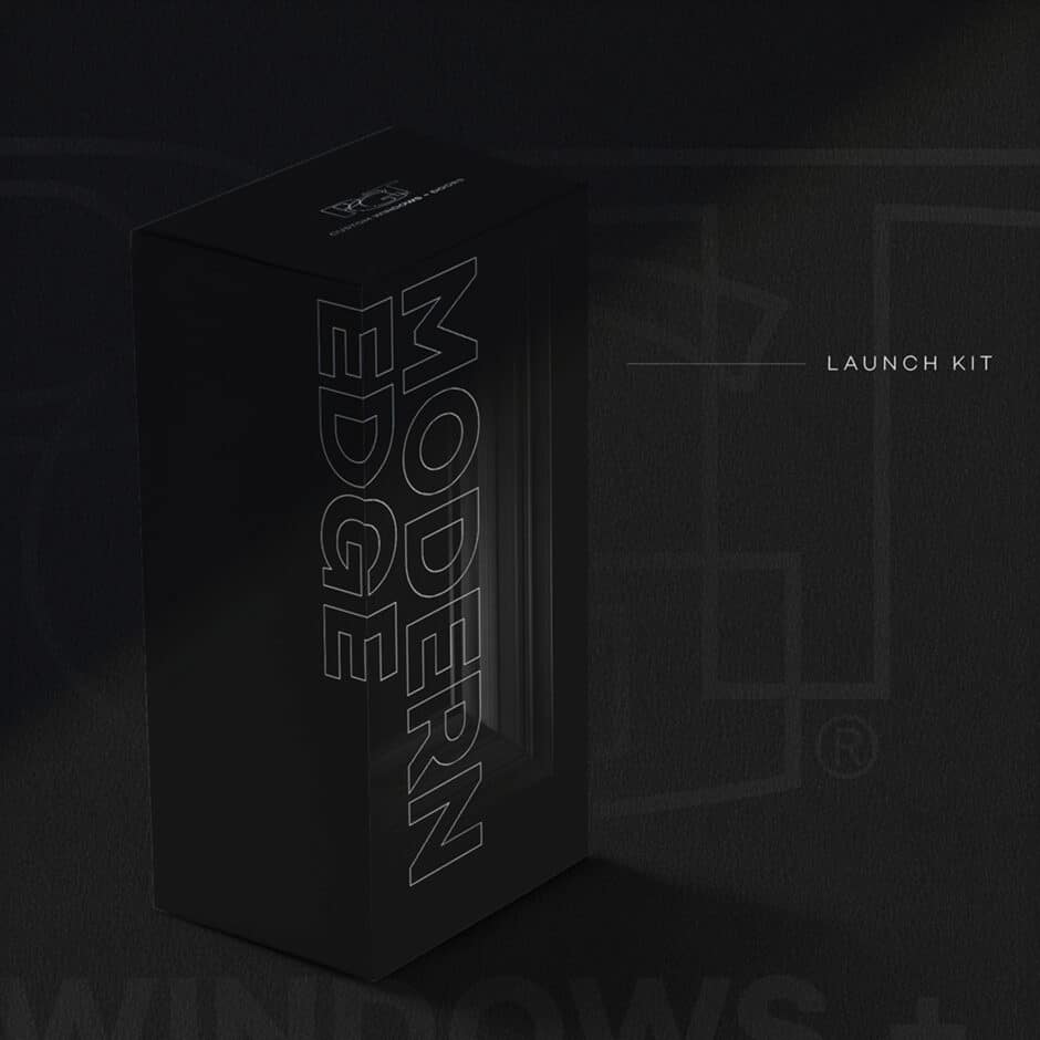 Black textured box labeled "Modern Edge" stands against a similar background. "Launch Kit" is written beside it, conveying an elegant, sleek design.