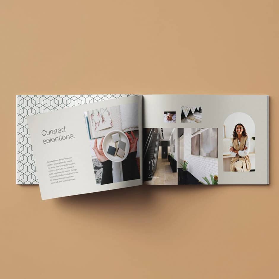Open book on a beige background, showing a design spread titled "Curated selections." Features a hands holding tiles, a hallway, and a smiling person.