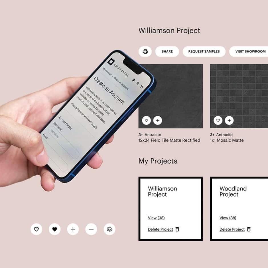 A hand holding a smartphone with a tile website account creation page visible. Background shows tile samples labeled "Williamson Project" and "Woodland Project."