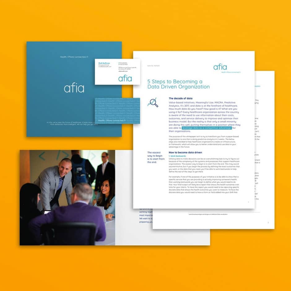 A yellow background showcases Afia branding materials: a brochure, business card, and document titled "5 Steps to Becoming a Data Driven Organization," with a photo of a smiling group meeting.