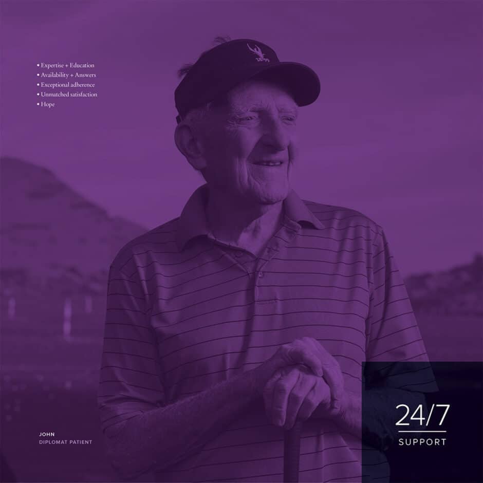Elderly man smiling, wearing a cap and striped polo, holding a walking stick, with text about support services. Purple overlay adds warmth.