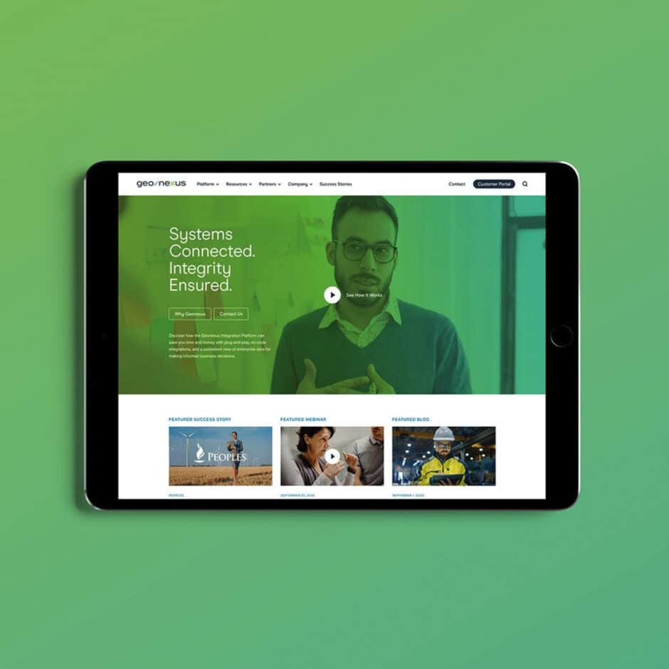 Tablet displaying a website with a green theme. A man is pictured with text: "Systems Connected. Integrity Ensured." Below are sections labeled success story, webinar, and blog.