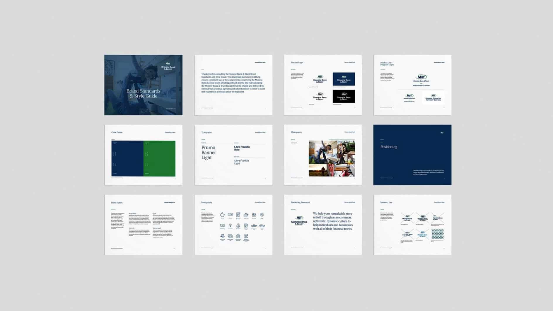 A grid layout of 12 slides from a design standards and web guide. Includes text, color palettes, logos, typography, and lifestyle images. Tone is professional and informative.