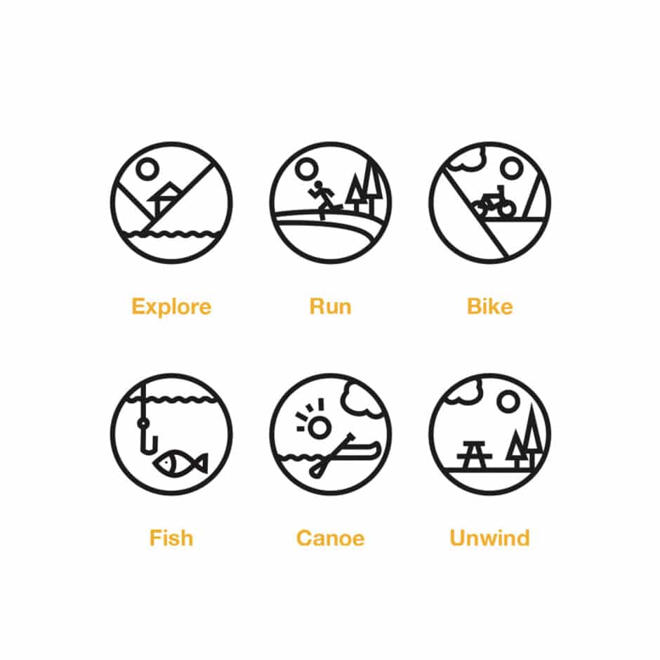 Icons representing activities: "Explore" with mountains, "Run" on a path, "Bike" on a trail, "Fish" with a hook, "Canoe" on water, "Unwind" with a picnic setup.