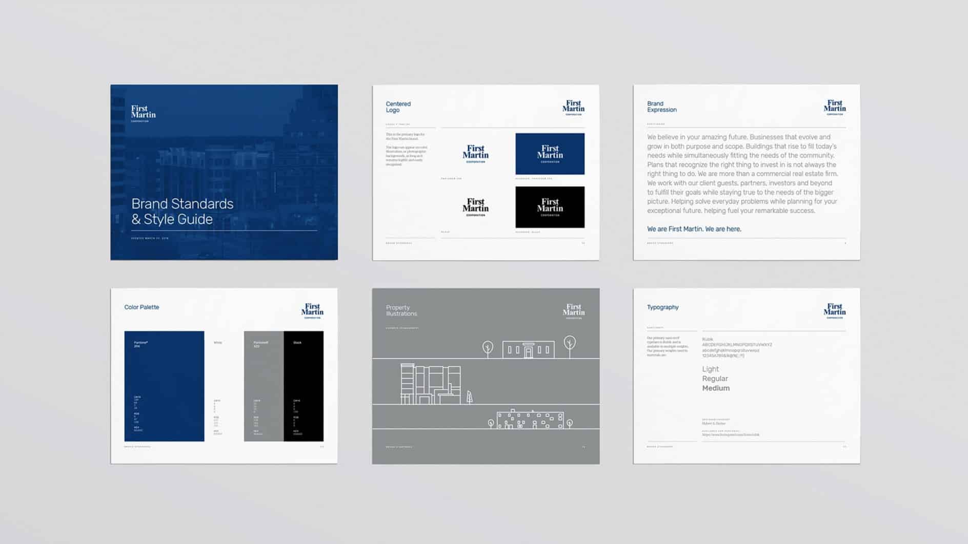 A style guide layout with six pages. The main page shows "Brand Standards & Style Guide" in blue. Other pages display logos, color palette, typography, and design principles. Clean, professional, and informative design.