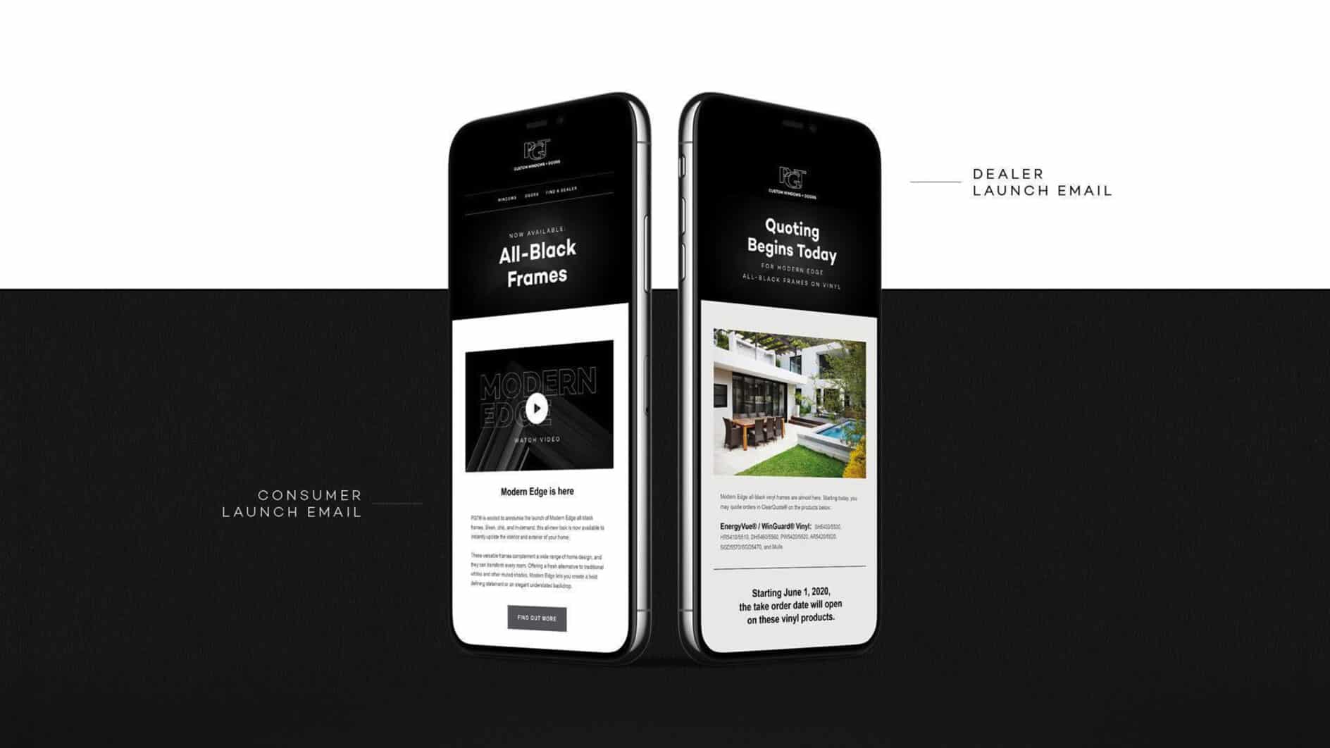 Two smartphones display launch emails against a dark background. The left phone shows an "All-Black Frames" theme, while the right highlights a modern home design with poolside furniture. Labels indicate "Consumer Launch Email" and "Dealer Launch Email." The tone is sleek and professional.