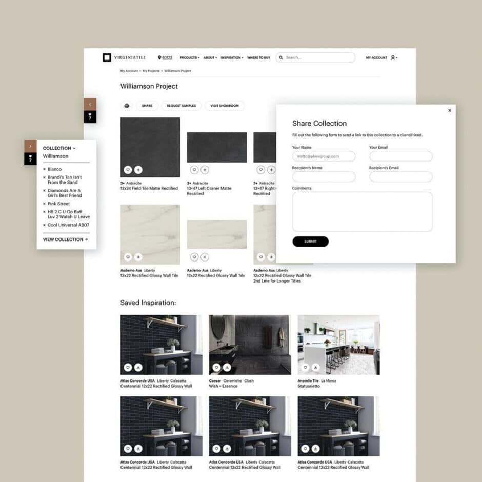 Web page displaying the "Williamson Project" featuring tile samples, a navigation sidebar, and a "Share Collection" popup form for sharing details.