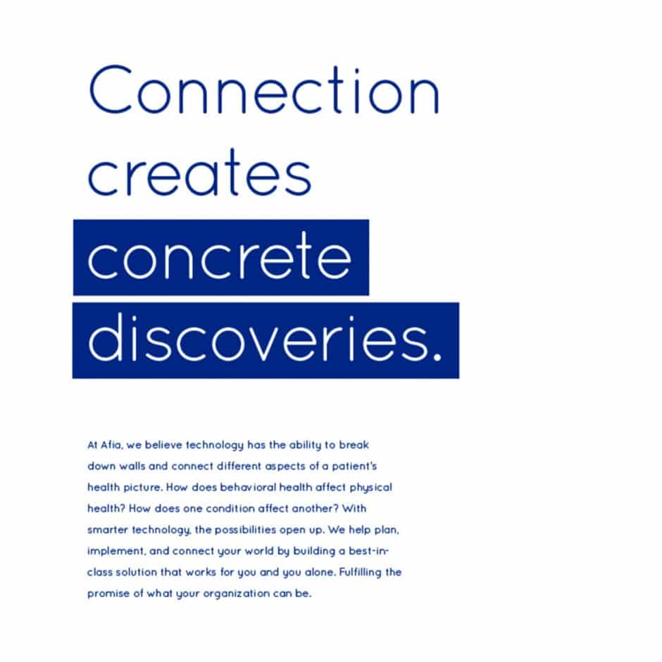 Text on a white background reads: "Connection creates concrete discoveries," with "concrete discoveries" in bold blue boxes. Below, a paragraph discusses technology in healthcare, emphasizing integration and personalized solutions. The tone is innovative and optimistic.