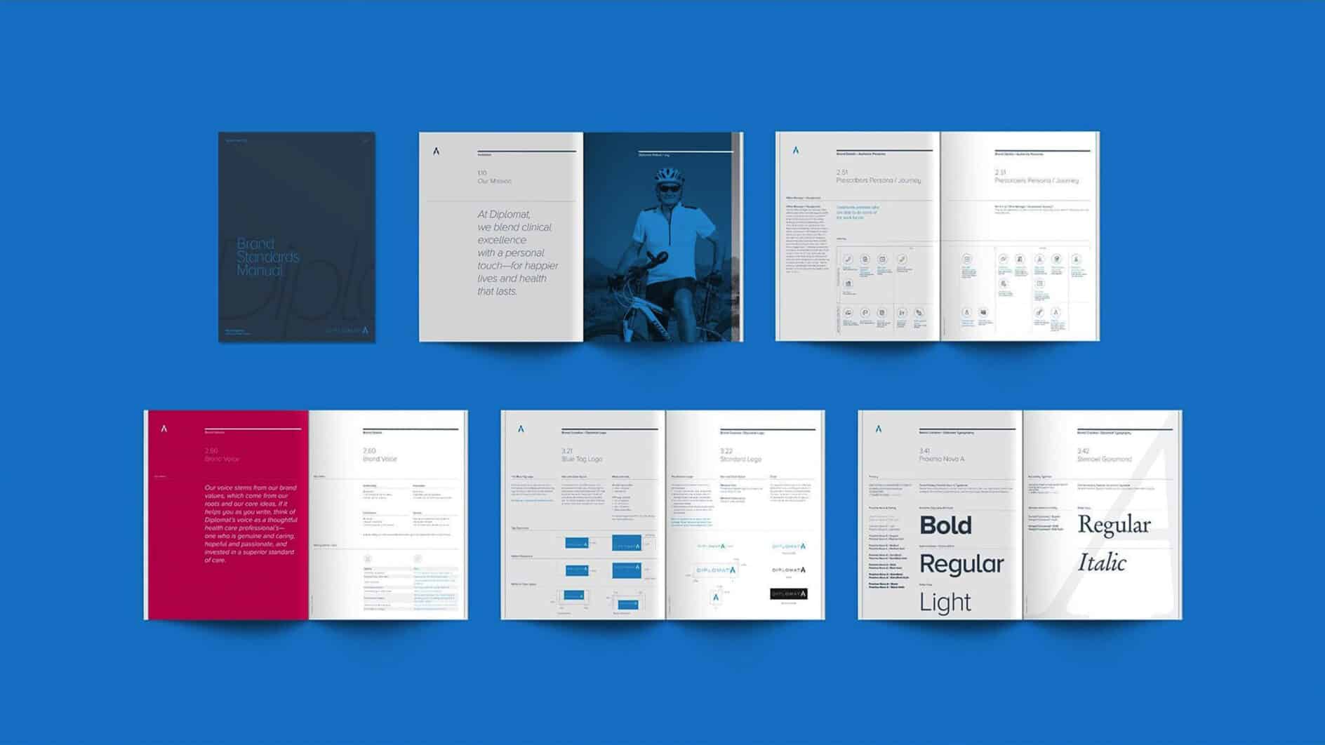 A set of open booklets displayed on a blue background. Each booklet features a professional layout with sections of text and graphics. Some pages include bold typography samples, while others display imagery, charts, and color swatches, all suggesting a brand style guide or design manual.