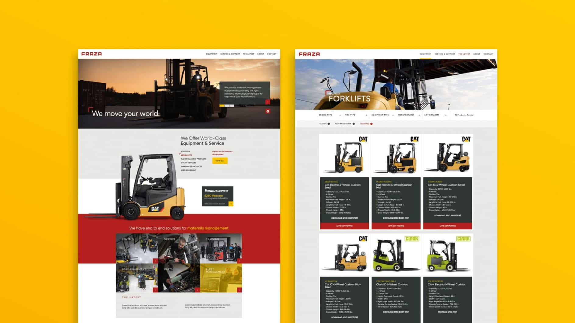 Two-page web design on a yellow background. Left page features a forklift with text overlay 'We move your world'; right page displays forklift options under a 'Forklifts' banner. Professional, industrial theme.
