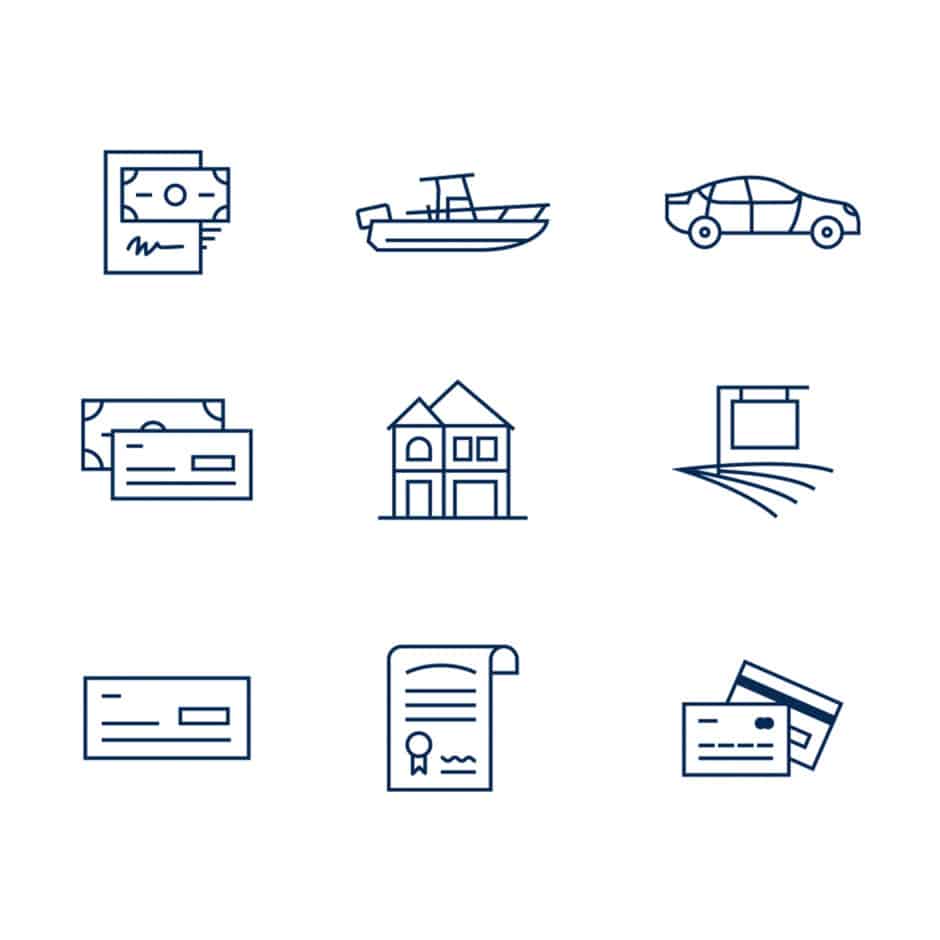 Icons depicting financial and property themes. Top row: money, boat, car. Middle: cash, house, signpost. Bottom: check, document, credit cards. Simple line art.