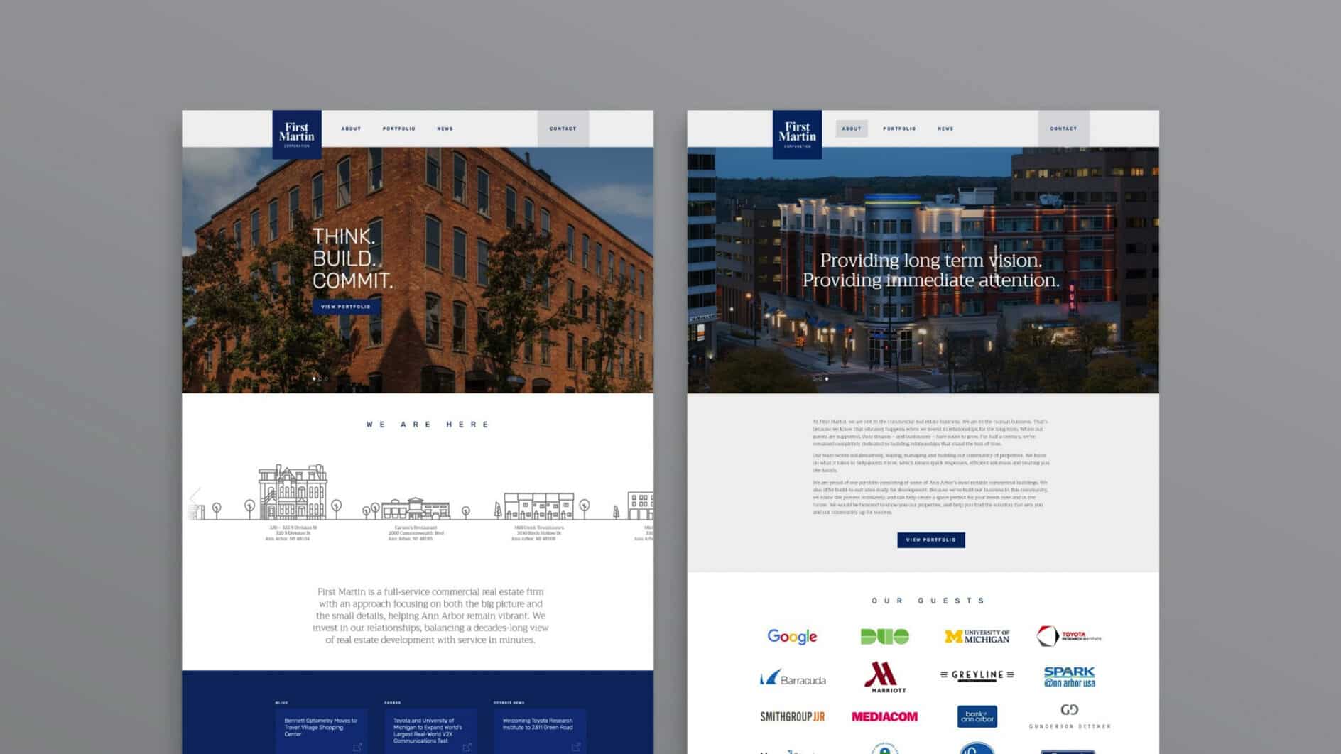 Two website pages side by side. Left page shows a brick building with "Think. Build. Commit." text. Right page features a modern cityscape with "Providing long term vision" text. Both pages have logos and a professional tone.