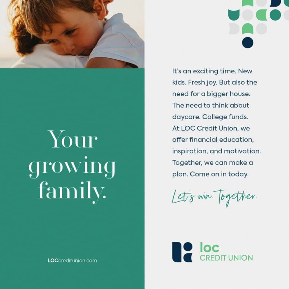 A young child rests on an adult's shoulder, conveying warmth and love. Text reads: "Your growing family." LOC Credit Union offers financial help.