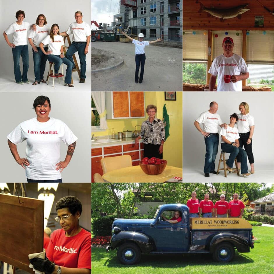 A collage of nine images showing diverse people smiling, some in "I am Merillat" shirts. Settings include a construction site, kitchen, workshop, and nature.