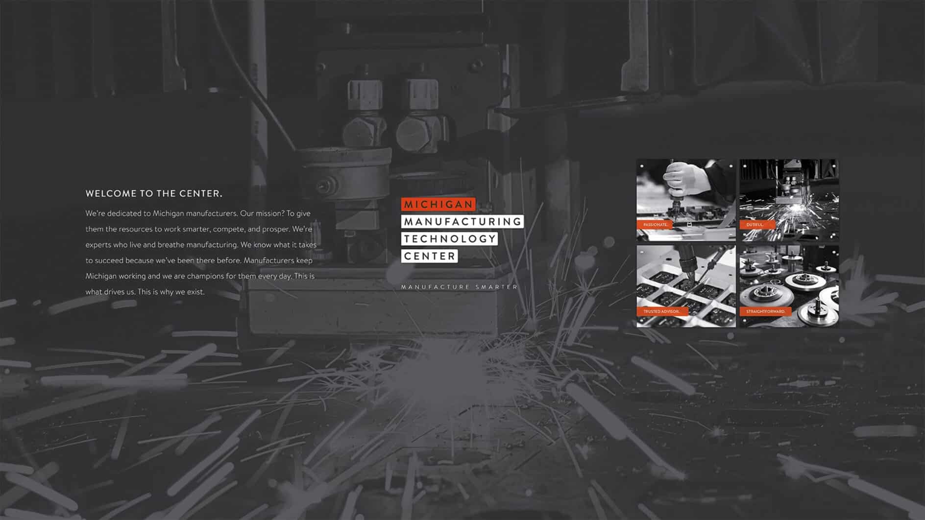 Grayscale image of a manufacturing machine emitting sparks. The Michigan Manufacturing Technology Center logo is centered. Inset photos display hands working with tools. The tone is industrial and dynamic.