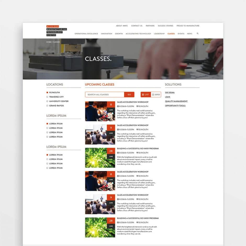 A webpage displays information about manufacturing classes. The top shows machinery and hands operating it. Below, a list of upcoming classes with images, dates, and details. Tone is professional and educational.