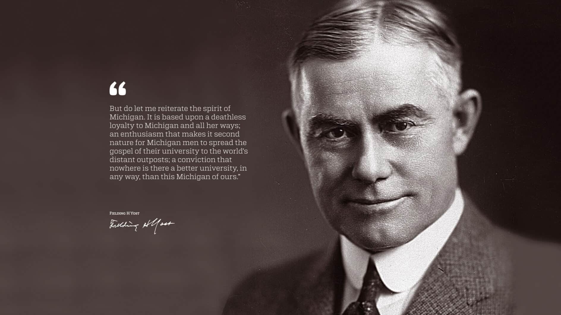 Black and white portrait of a middle-aged man in a suit with a warm expression. A quote about Michigan’s spirit and loyalty is on the left side.
