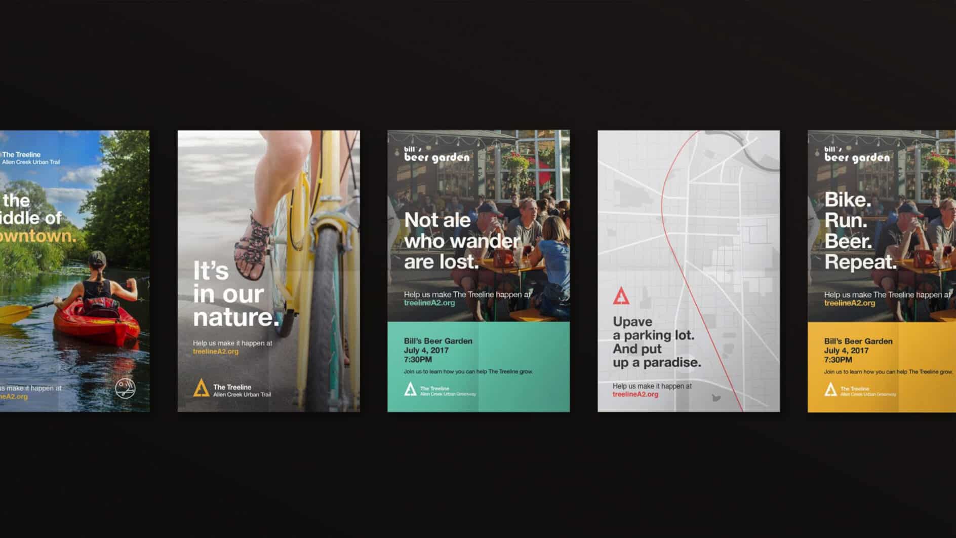 Five promotional posters for a trail project titled "The Treeline" feature vibrant outdoor activities: kayaking, biking, a beer garden, and a city map. Each poster includes a call to action and event details, conveying an energetic, inviting tone.