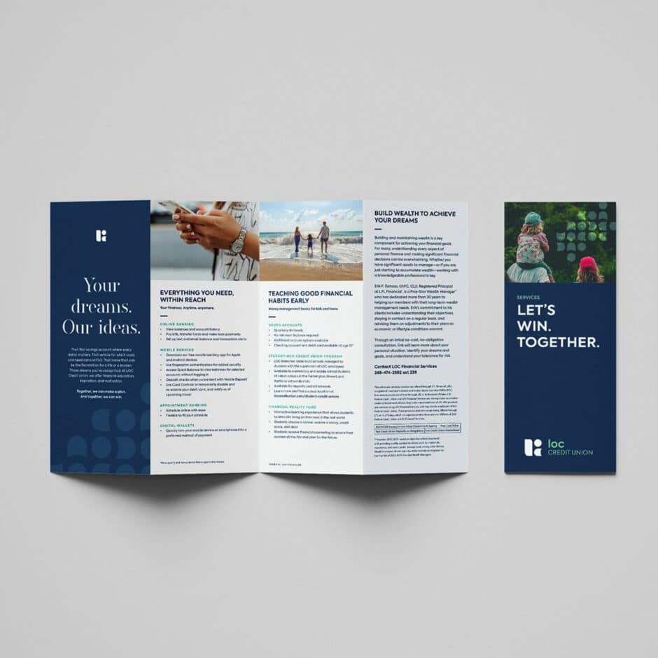 A tri-fold brochure on a gray background. The cover displays a child with an adult and the text "LET’S WIN. TOGETHER." Inside, sections discuss financial services with images of hands holding coins and a family at the beach. Tone is hopeful.