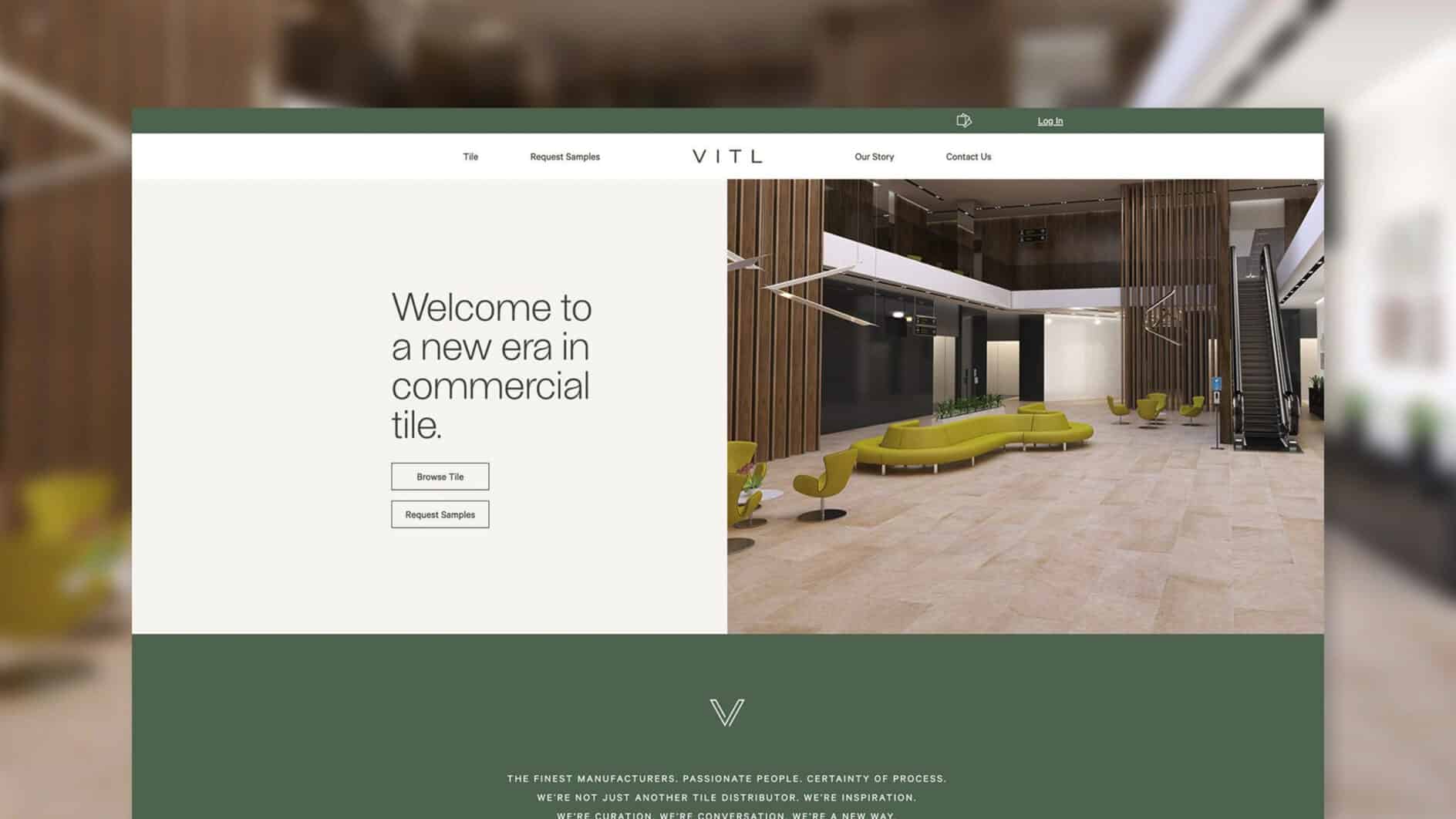 Homepage of a commercial tile company, featuring a modern lobby with sleek, green lounge seating. Text reads "Welcome to a new era in commercial tile."