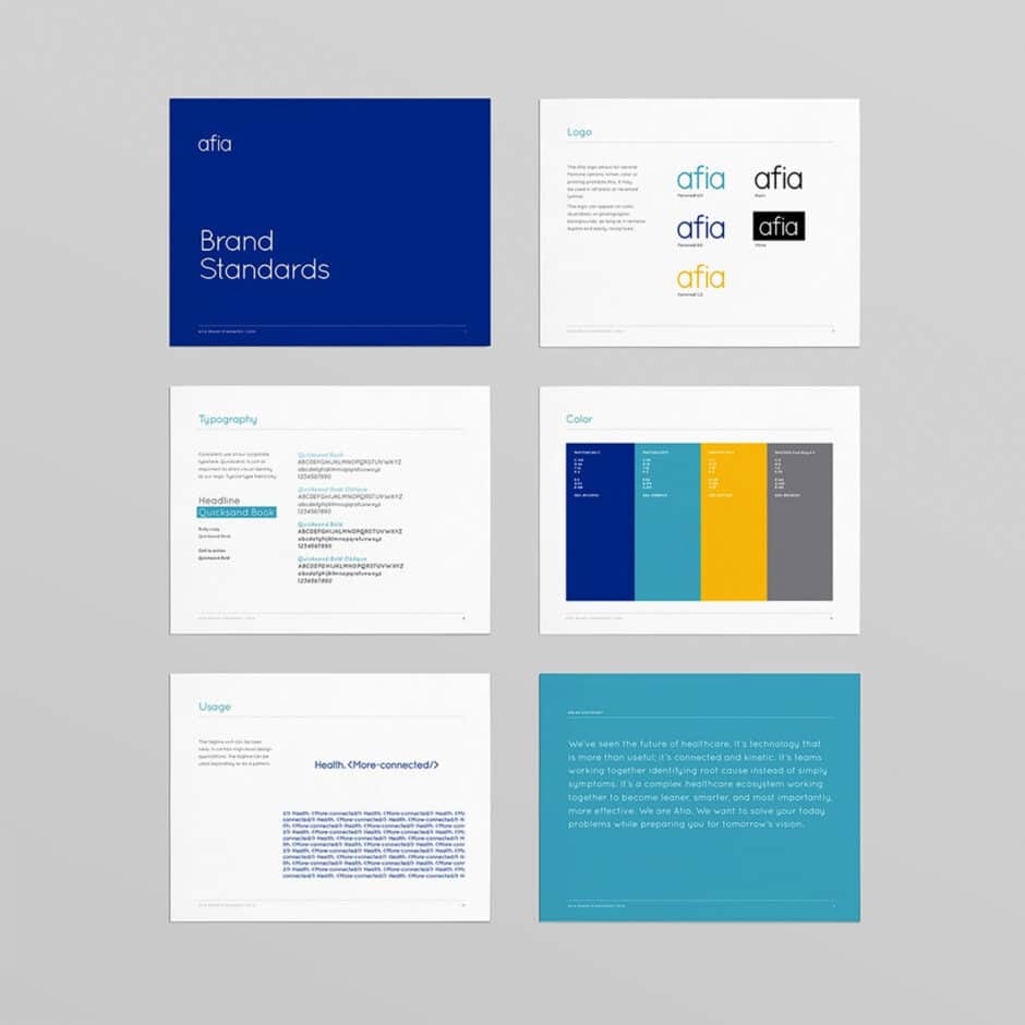 Grid of brand guidelines showing blue cover labeled "Brand Standards" and sections on logo variations, typography, color palette, and usage instructions.