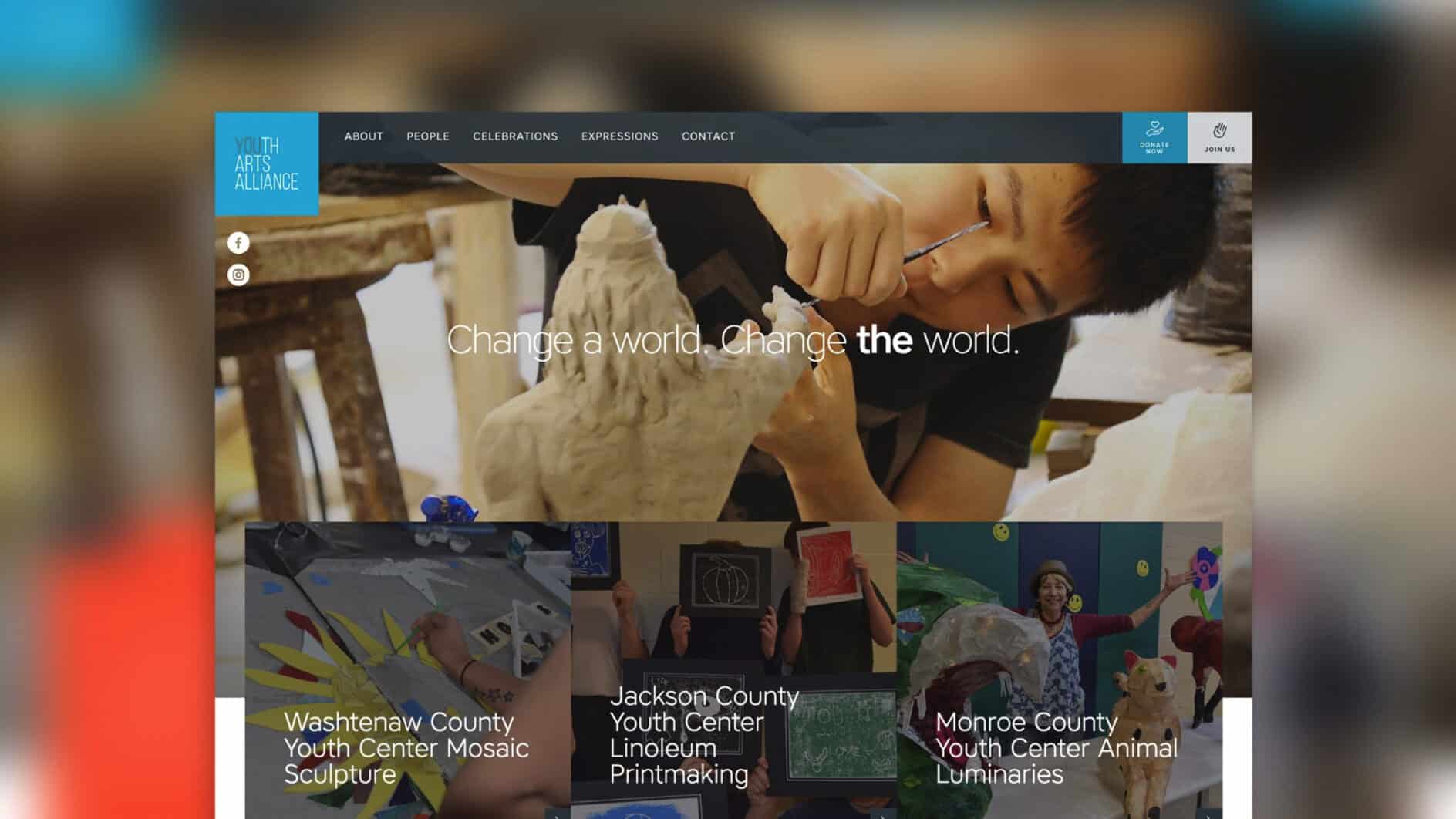 Young artist sculpts clay intently under a motivational quote, "Change a world. Change the world." Below, workshops for mosaic, printmaking, and luminaries are featured in vibrant images. The tone is inspiring and creative.