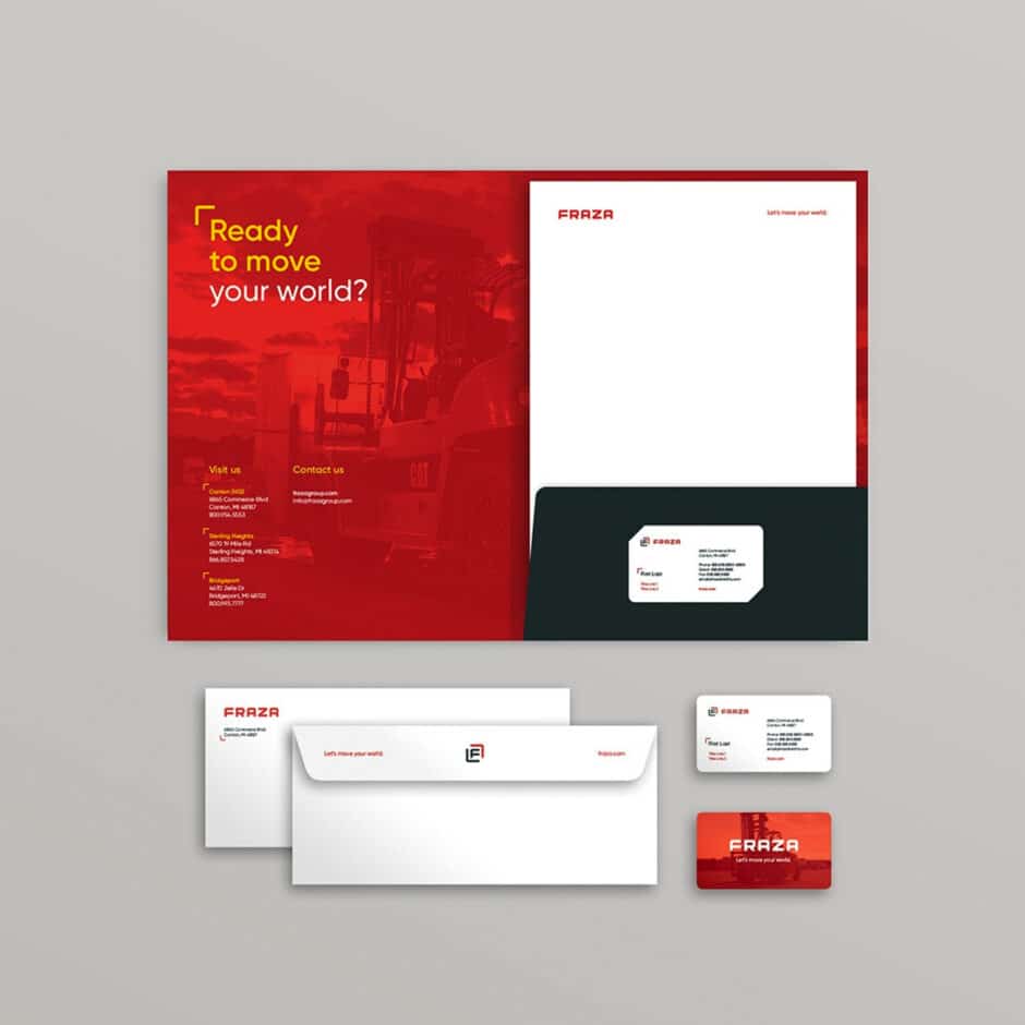 Red and white business stationary set featuring a folder, envelopes, and cards. The folder reads "Ready to move your world?" with a vehicle image. Professional and dynamic tone.