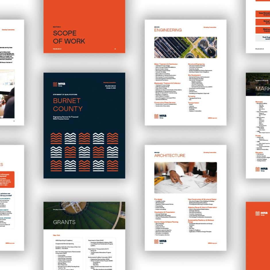 Array of documents with white and orange themes showcasing titles like "Burnet County" and "Architecture." Includes text lists and occasional images.