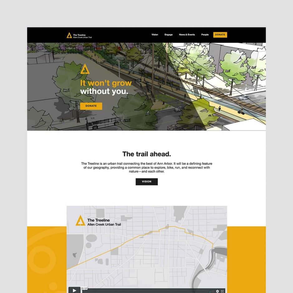 Website for The Treeline urban trail, Ann Arbor. Features vibrant artwork of a green trail and call-to-action text "It won't grow without you." Includes a trail map and donation button.