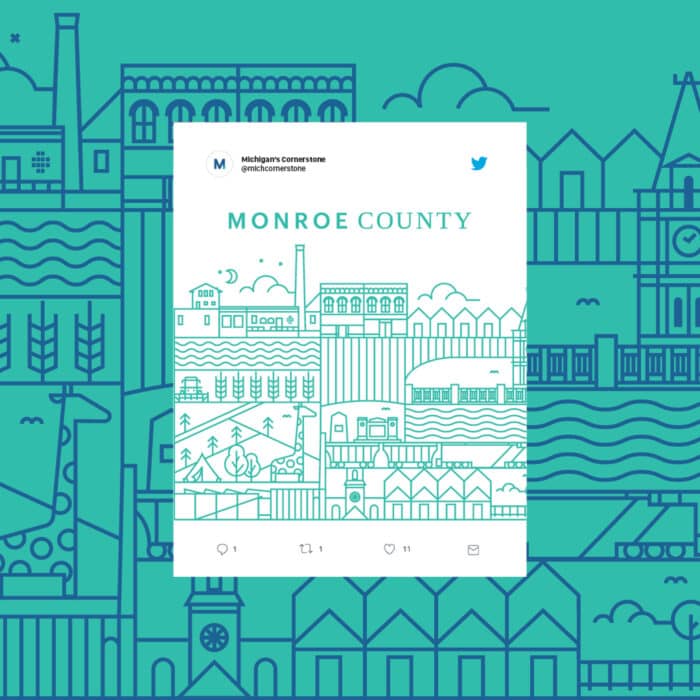 Stylized illustration of Monroe County featuring architectural landmarks and natural elements. The background is a seamless line art pattern in teal.