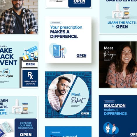 Collage of promotional graphics for the OPEN campaign, featuring diverse individuals, bright colors, and bold text on medication safety and education.