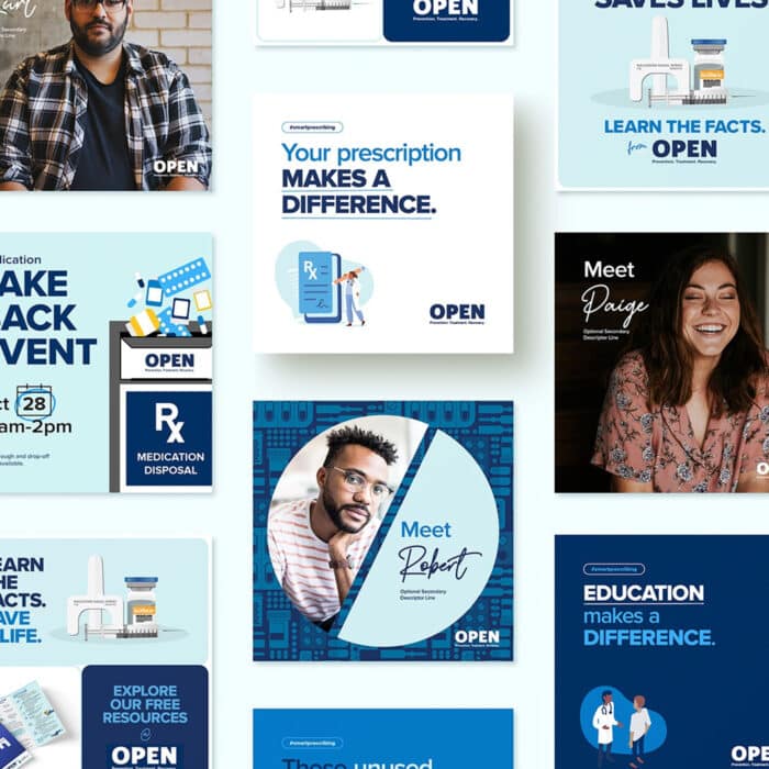Collage of promotional graphics for the OPEN campaign, featuring diverse individuals, bright colors, and bold text on medication safety and education.