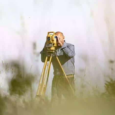 A surveyor in a checkered shirt uses a yellow theodolite on a tripod in a grassy field. The scene conveys precision and focus amid soft natural surroundings.