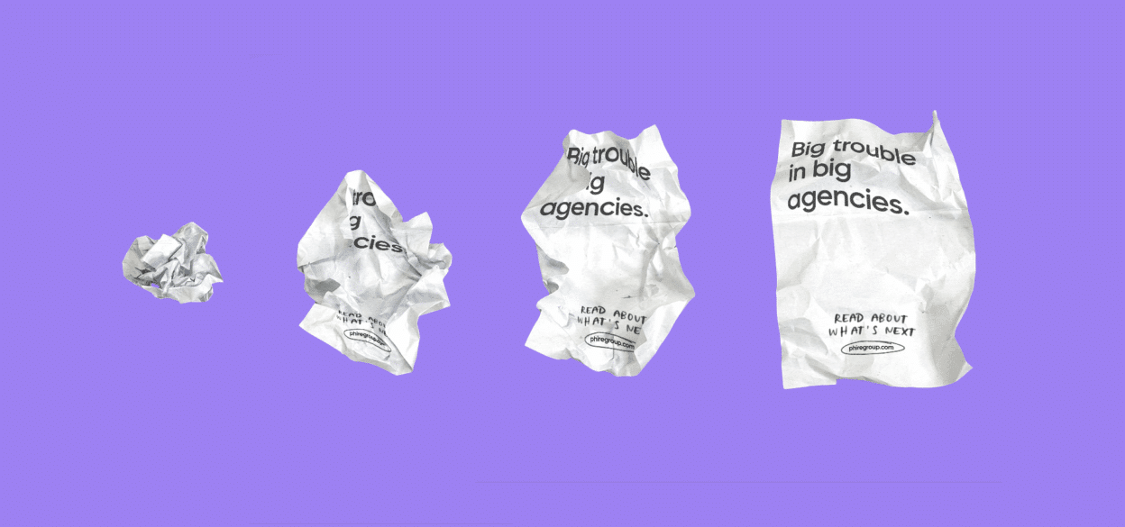 Four crumpled sheets of paper with text progress from crumpled to smooth, on a purple background. The largest sheet reads, "Big trouble in big agencies."