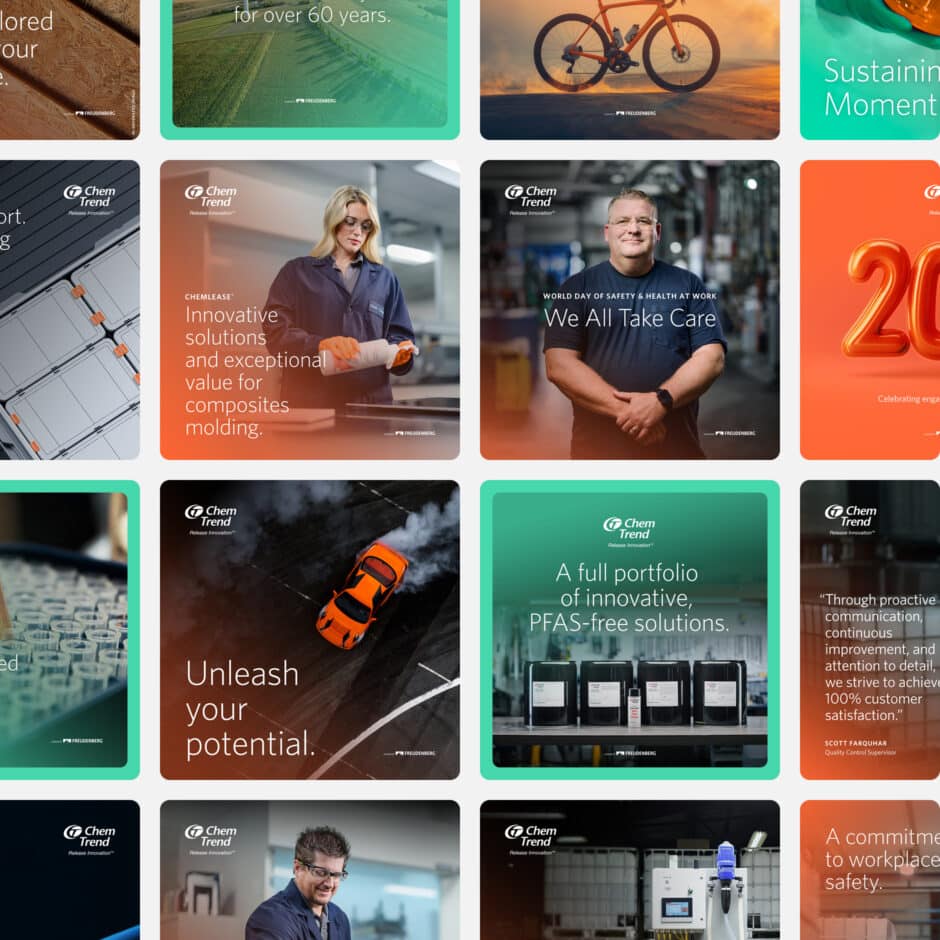A grid of nine images highlights various Chem Trend products and messages. Scenes include a field, a bicycle, professionals working, a car, and a quote, conveying innovation and commitment.