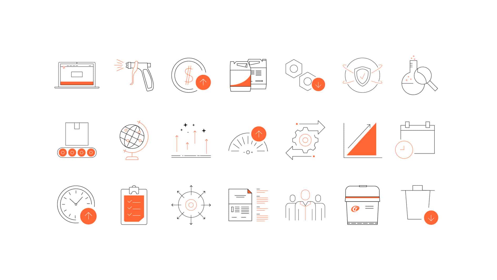 A grid of 20 minimalist icons related to business and technology. Icons include a laptop, barcode scanner, globe, gears, and graphs. Predominantly outlined in black with orange accents, conveying a modern, efficient tone.