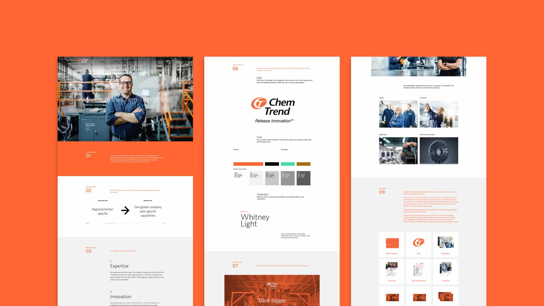 A three-panel digital company presentation with an orange theme. The left panel shows a man in an industrial setting, the center features the Chem Trend logo with a color palette, and the right panel displays various images and text, including industrial machinery and people collaborating.