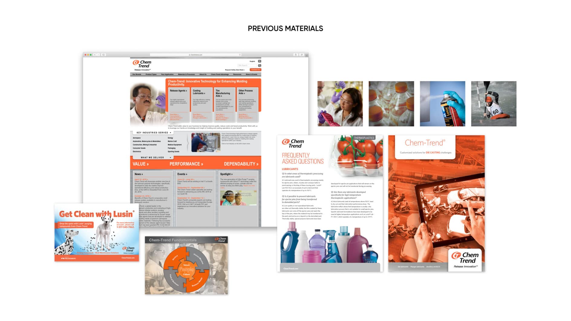 A collage of marketing materials titled "Previous Materials" featuring Chem-Trend branding. Includes web pages, brochures, a cleaning product ad, and lifestyle images.