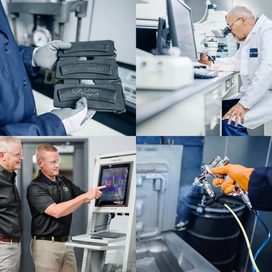 A collage of four images shows diverse lab activities: a gloved hand holds molded parts, a scientist examines samples under a microscope, two men discuss data on a screen, and a person sprays liquid from a gun, conveying precision and teamwork in a scientific environment.