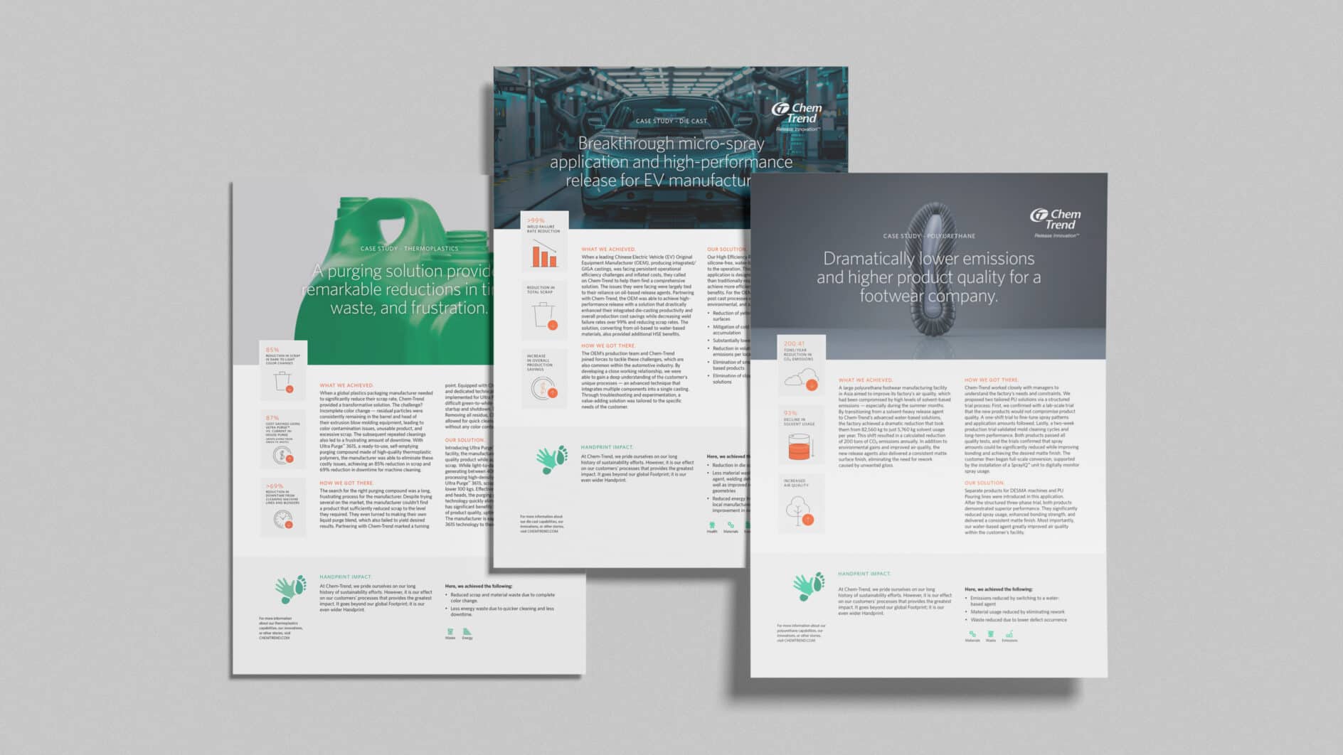 Three marketing flyers are displayed, overlapping slightly. Each flyer features a mix of text, infographics, and images, such as a green container and industrial background, highlighting eco-friendly, industrial, and technological themes.
