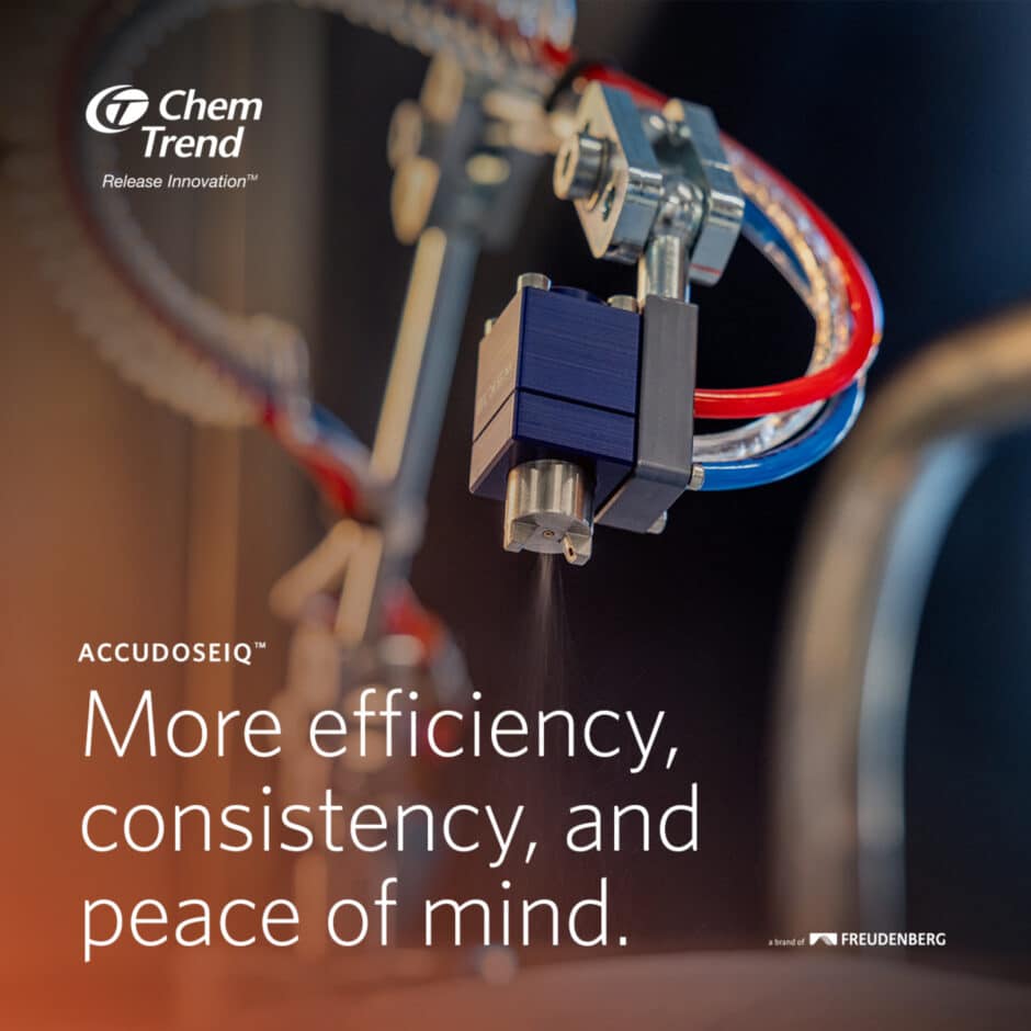Close-up of a precision nozzle with red and blue wires releasing mist. Text reads "More efficiency, consistency, and peace of mind." Chem Trend logo visible.