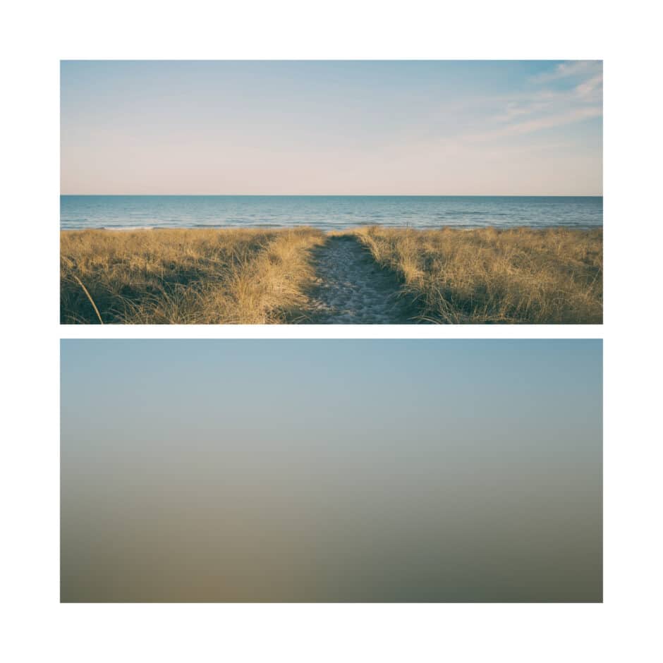 Two-panel image: Top shows a sandy path through dry grass leading to a calm ocean under a blue sky. Bottom is a gradient of soft blues and beiges.